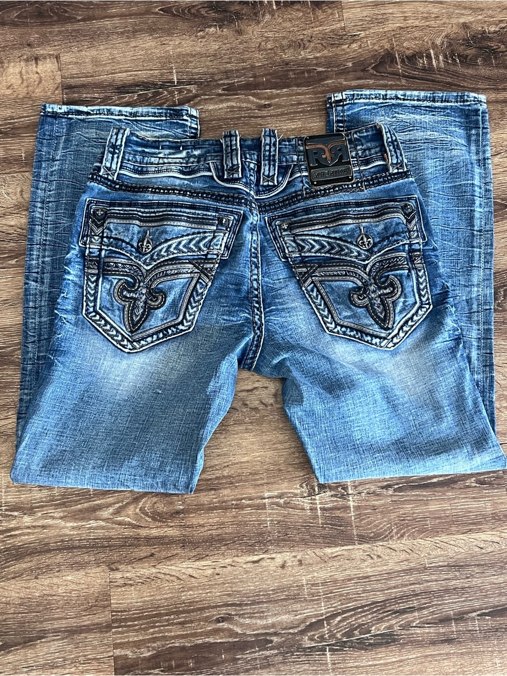 Rock Revival Men’s Distressed Blue Embroidered Back Pocket Jeans